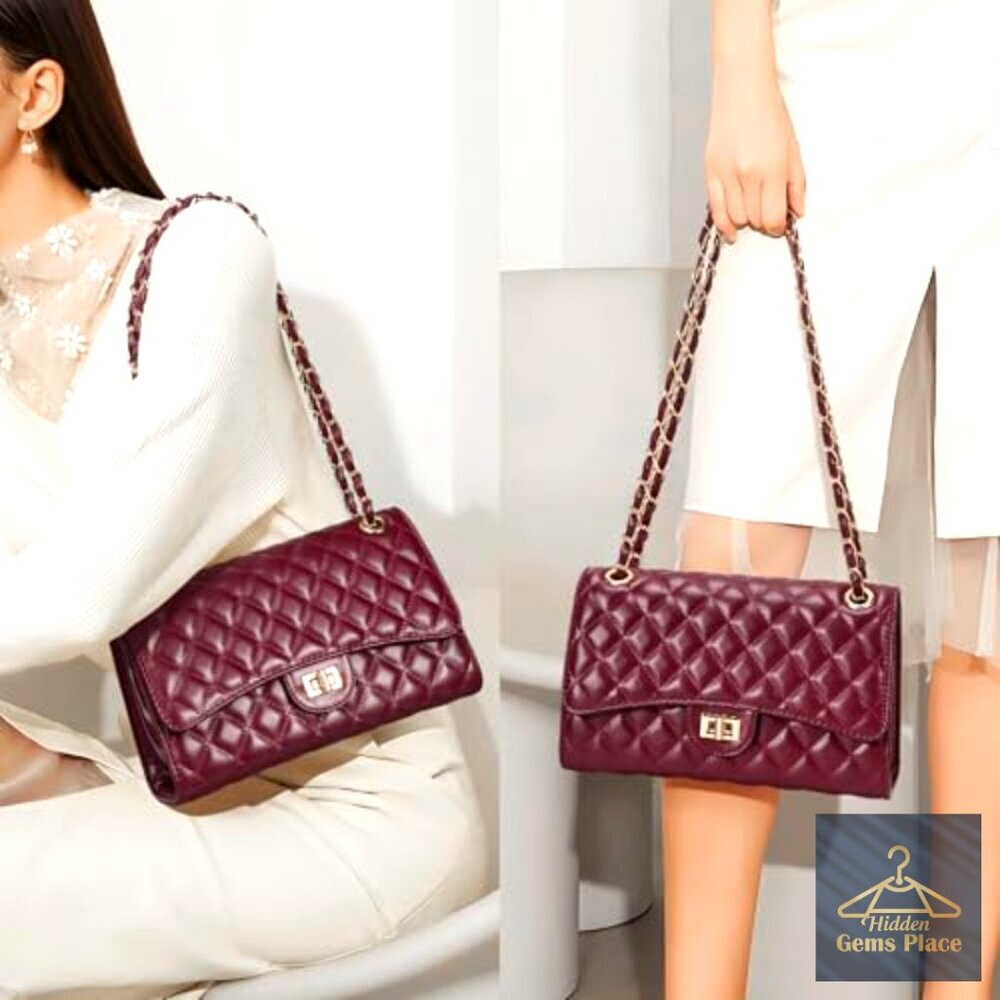 Quilted Crossbody Bag with Chain Strap, Faux Leather, Adjustable, 3 Compartments - Picture 2 of 7